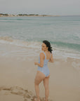 Sky Blue Floral Modest One Piece Bathing Suit for Women