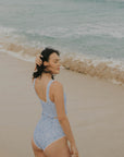 Sky Blue Modest One Piece Swimsuit with Ric Rac Trim