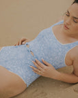 Sky Blue Floral Modest One Piece Swimsuit with Ric Rac