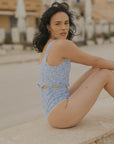 Sky Blue Floral Modest One Piece Bathing Suit with Cut Outs
