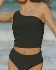 Modest Full Coverage One Strapped Textured Black Bikini Top
