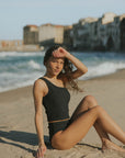 Modest Full Coverage One Strapped Textured Black Bikini Top