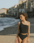 Modest One Strapped Simple Black Bikini Matching Set