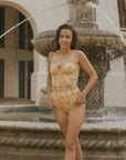 Yellow Floral Modest Bikini Top with Keyhole