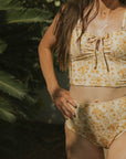 Sexy Modest Yellow Floral Bikini Top with Keyhole