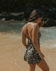 Blue Floral Cute Swim Dress with Corset Back Ties