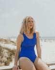 Cobalt blue scoop back one piece swimsuit for women high leg cut