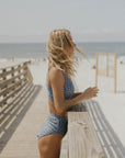 high leg cut bikini bottoms, blue floral waistband modest for women
