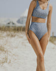 Blue and white ditsy floral high waisted bottoms bikini