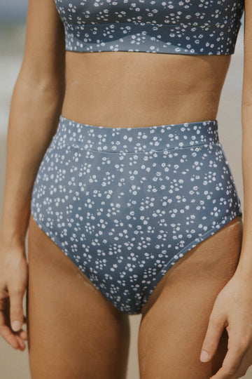 Blue and white ditsy floral high waisted bottoms bikini