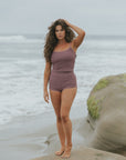 Cute Full Coverage Mauve Tankini with Boy Shorts
