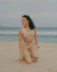 Neutral colored floral printed full coverage bikini top