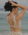 Neutral colored floral printed full coverage athletic modest bikini top
