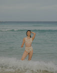 Neutral colored floral printed full coverage high waisted bikini bottoms