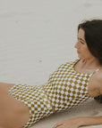 High waisted bottoms checkered pattern olive green trendy cute swimsuit
