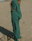 Women's green waffle knit lounge pants.