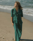 Women's green waffle knit lounge pants.