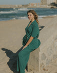 Women's green waffle knit shirt.