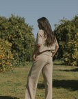 Women's brown waffle knit lounge pants.