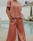 Matching silk sleepwear set for women.