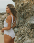 White Floral Full Coverage Bikini Top with Tying Straps