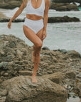 White Modest Tummy Control High Waisted Bikini Bottoms for Honeymoon