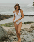 Modest White and Gray Floral with Tying Straps One Piece Swimsuit