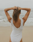 White and Gray Floral with Tying Straps Full Coverage One Piece Swimsuit