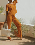Orange casual matching loungewear set for women.