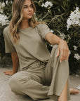 Green casual matching loungewear set for women.