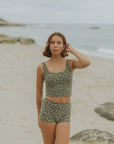 Olive Green White Floral Boy Shorts for Bikini