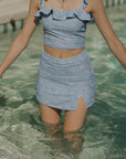 Feminine Blue and White Floral Feminine Ruffled Sleeve Bikini Set Full Coverage Swim Skirt