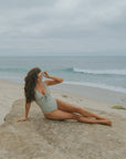Cute Modest Sage Green Ribbed One Piece Tummy Control Swimsuit