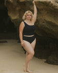 Modest Full Coverage One Strapped Textured Black Bikini Top and Bottoms