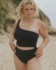 Full Coverage One Strapped Classy Pure Black Modest Bikini