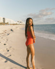 Cute red one piece lifeguard swimsuit.