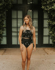 Black Floral High waisted modest bikini bottoms.