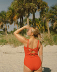 Red bathing suit.