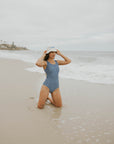Modest blue floral one piece swimsuit.