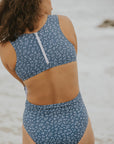 Modest blue floral one piece swimsuit.