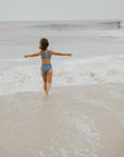Modest blue floral one piece swimsuit.