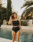Black Floral High waisted modest bikini bottoms.