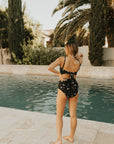 Black Floral High waisted modest bikini bottoms.