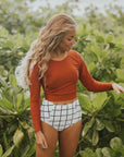Cute modest rust orange long sleeve tankini top.