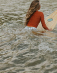 cute modest rust orange long sleeve swimsuit top.
