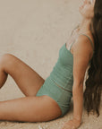Cute modest teal tankini with textured material.