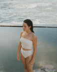 Cute modest white strapless tankini
