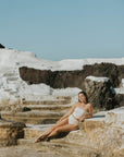 Cute modest white strapless tankini
