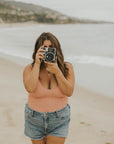 cute modest crinkle textured pink one piece swimsuit