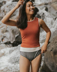 Cute modest grey textured high waisted bikini bottoms.